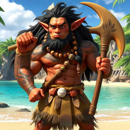 A hobgoblin character inspired by Maui from Moana, depicted as a muscular warrior with an impressive physique and sweeping tribal tattoos that adorn his arms and torso, showcasing ocean motifs and celestial patterns
