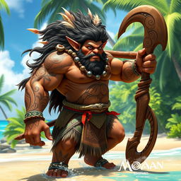 A hobgoblin character inspired by Maui from Moana, depicted as a muscular warrior with an impressive physique and sweeping tribal tattoos that adorn his arms and torso, showcasing ocean motifs and celestial patterns