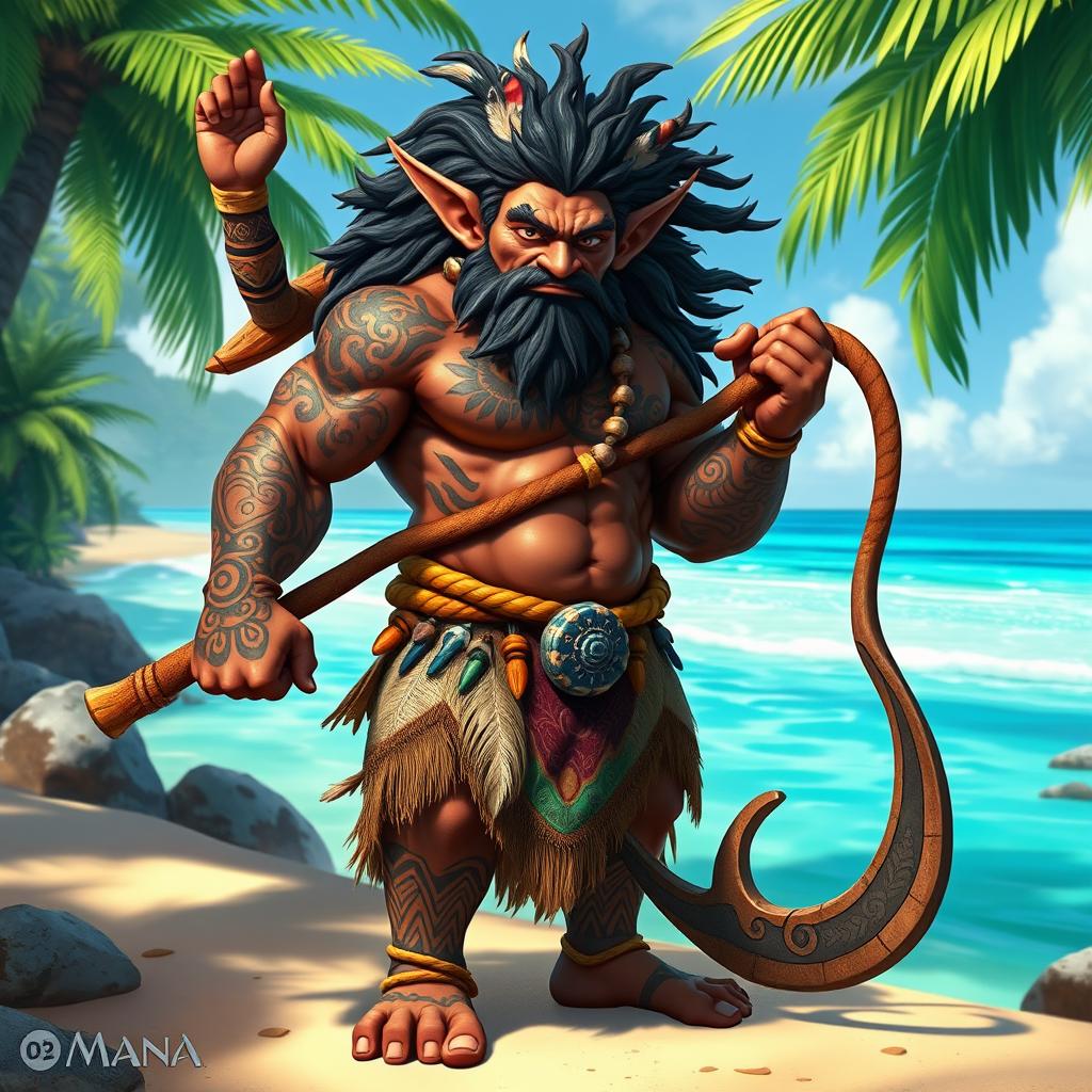 A hobgoblin character inspired by Maui from Moana, depicted as a muscular warrior with an impressive physique and sweeping tribal tattoos that adorn his arms and torso, showcasing ocean motifs and celestial patterns