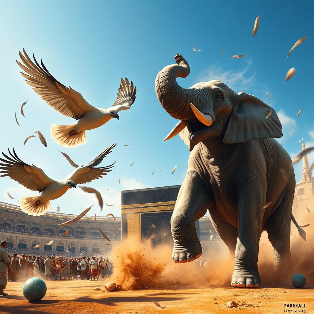 An epic battle scene at the Kaaba featuring the Ababil birds engaging in combat with the elephant of Ibrahim Al-Habashi