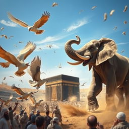 An epic battle scene at the Kaaba featuring the Ababil birds engaging in combat with the elephant of Ibrahim Al-Habashi