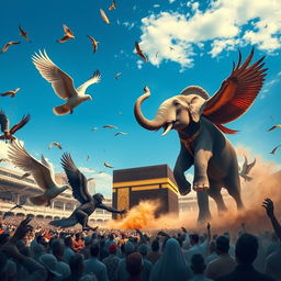 An epic battle scene at the Kaaba featuring the Ababil birds engaging in combat with the elephant of Ibrahim Al-Habashi