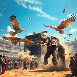 An epic battle scene at the Kaaba featuring the Ababil birds engaging in combat with the elephant of Ibrahim Al-Habashi