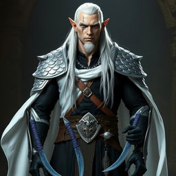 A tall, muscular high elf with pale skin and long white hair slicked back