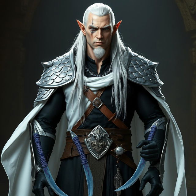 A tall, muscular high elf with pale skin and long white hair slicked back