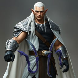 A tall, muscular high elf with pale skin and long white hair slicked back