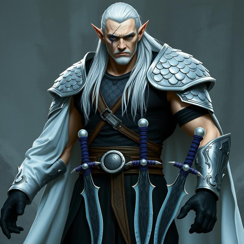 A tall, muscular high elf with pale skin and long white hair slicked back