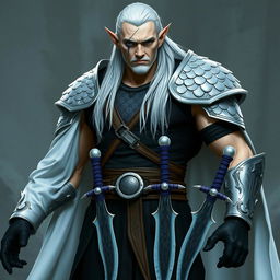 A tall, muscular high elf with pale skin and long white hair slicked back