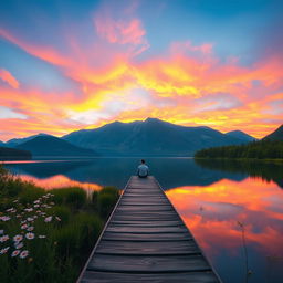 A serene landscape showcasing a sunset over a tranquil lake, framed by majestic mountains in the background