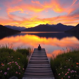 A serene landscape showcasing a sunset over a tranquil lake, framed by majestic mountains in the background