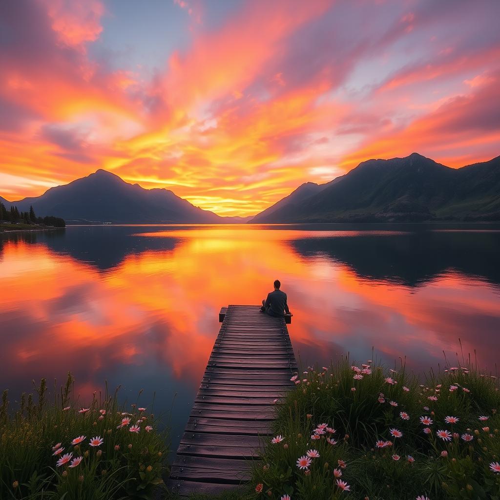 A serene landscape showcasing a sunset over a tranquil lake, framed by majestic mountains in the background
