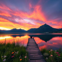 A serene landscape showcasing a sunset over a tranquil lake, framed by majestic mountains in the background