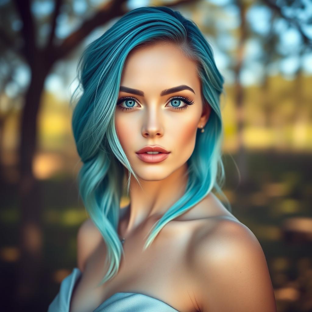 A beautiful, elegant portrait of a woman with aquamarine hair and striking violet eyes, wearing a stylish outfit, set against a serene nature background with soft sunlight filtering through the trees