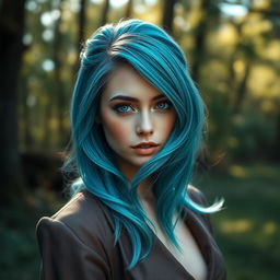 A beautiful, elegant portrait of a woman with aquamarine hair and striking violet eyes, wearing a stylish outfit, set against a serene nature background with soft sunlight filtering through the trees