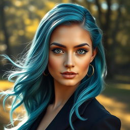 A beautiful, elegant portrait of a woman with aquamarine hair and striking violet eyes, wearing a stylish outfit, set against a serene nature background with soft sunlight filtering through the trees