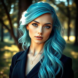 A beautiful, elegant portrait of a woman with aquamarine hair and striking violet eyes, wearing a stylish outfit, set against a serene nature background with soft sunlight filtering through the trees
