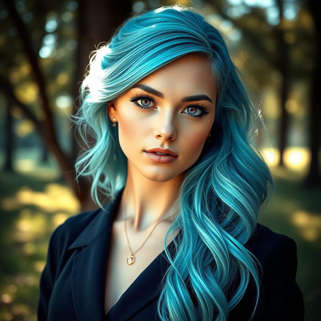 A beautiful, elegant portrait of a woman with aquamarine hair and striking violet eyes, wearing a stylish outfit, set against a serene nature background with soft sunlight filtering through the trees