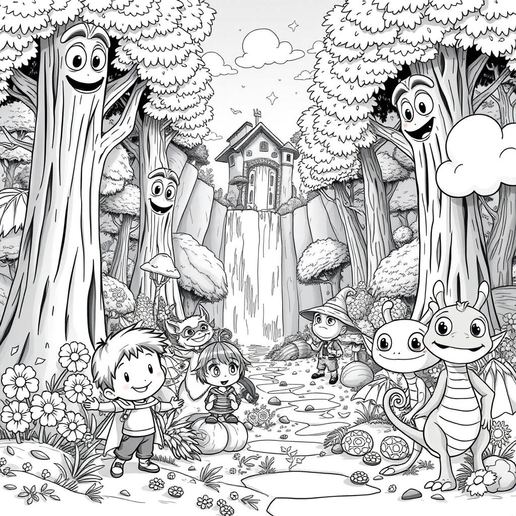 A detailed black and white image in a Pixar style, depicting a whimsical and charming landscape filled with cute, cartoonish characters exploring a vibrant forest
