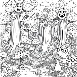 A detailed black and white image in a Pixar style, depicting a whimsical and charming landscape filled with cute, cartoonish characters exploring a vibrant forest