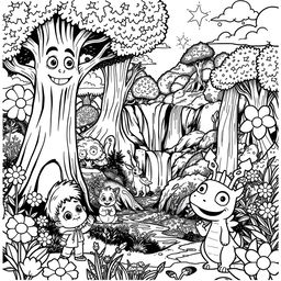 A detailed black and white image in a Pixar style, depicting a whimsical and charming landscape filled with cute, cartoonish characters exploring a vibrant forest