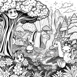 A detailed black and white image in a Pixar style, depicting a whimsical and charming landscape filled with cute, cartoonish characters exploring a vibrant forest