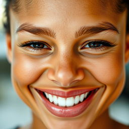 A close-up portrait of a person with a radiant and beautiful smile that showcases bright white teeth
