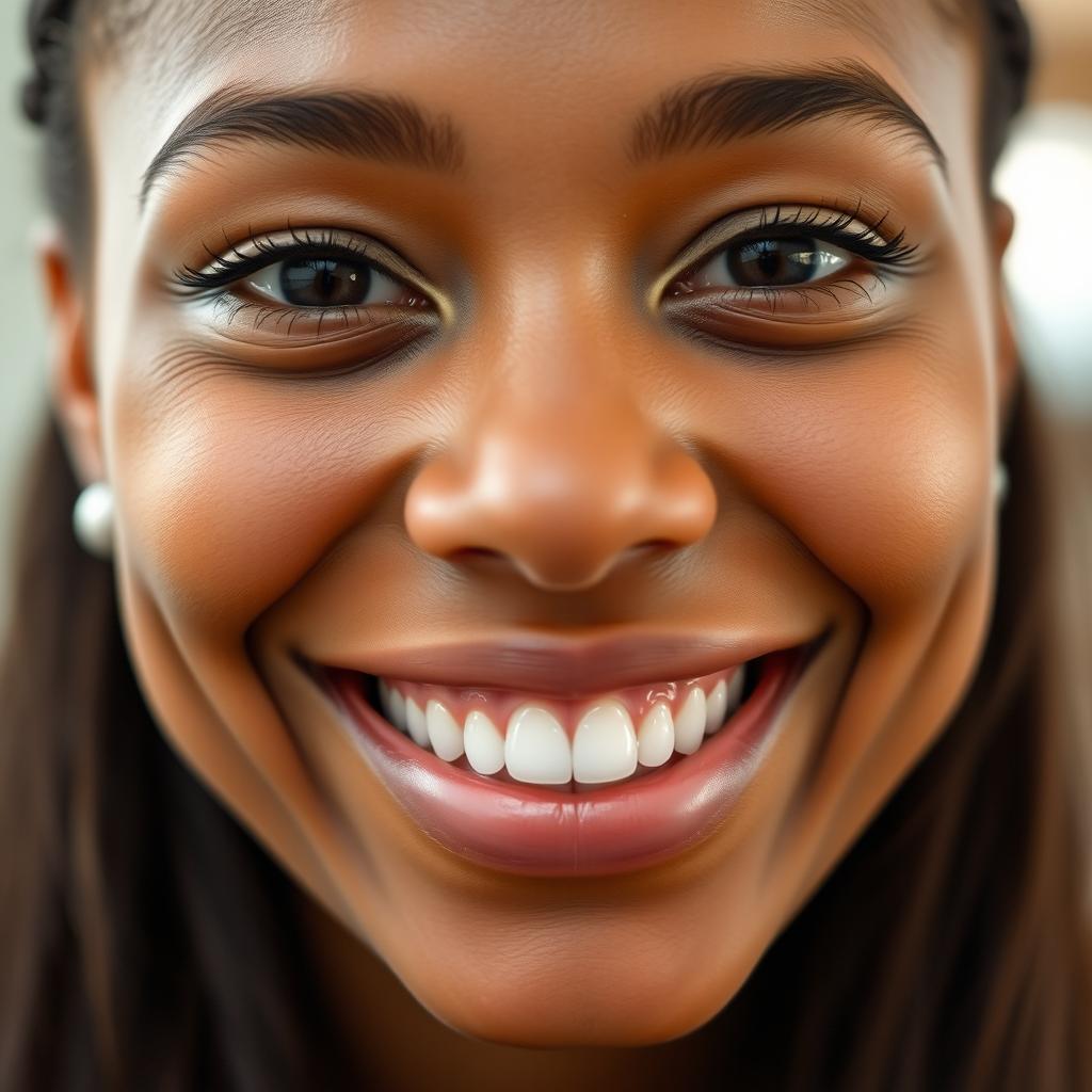 A close-up portrait of a person with a radiant and beautiful smile that showcases bright white teeth