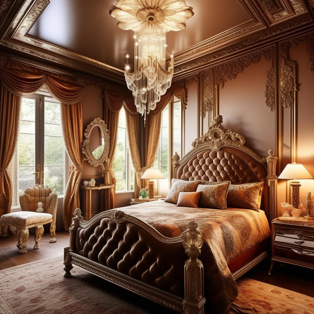 A lavish and extravagant bedroom with dimensions of 12 feet by 9 feet. The room boasts opulent furnishings, intricate designs, and shimmering accents, embodying a sense of luxury.