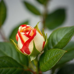 A close-up of a small unfurling rose bud displaying a striking bicolor pattern of vibrant red and creamy white stripes, resembling a painted design