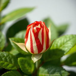 A close-up of a small unfurling rose bud displaying a striking bicolor pattern of vibrant red and creamy white stripes, resembling a painted design