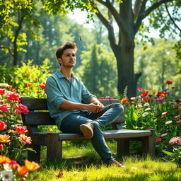 A peaceful scene of a thoughtful young man sitting on a rustic wooden bench in a vibrant, beautiful garden