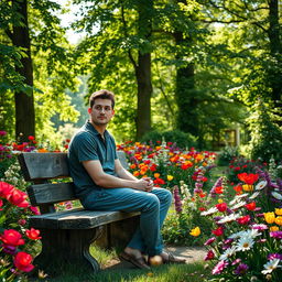 A peaceful scene of a thoughtful young man sitting on a rustic wooden bench in a vibrant, beautiful garden