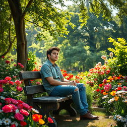 A peaceful scene of a thoughtful young man sitting on a rustic wooden bench in a vibrant, beautiful garden