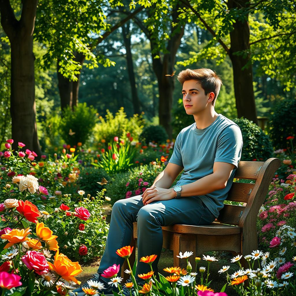 A peaceful scene of a thoughtful young man sitting on a rustic wooden bench in a vibrant, beautiful garden