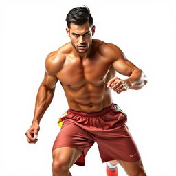 A male athlete showcasing a powerful pose, wearing a dynamic sports outfit, muscles defined and exuding energy and confidence