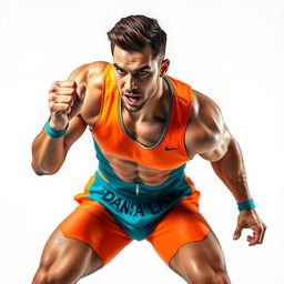 A male athlete showcasing a powerful pose, wearing a dynamic sports outfit, muscles defined and exuding energy and confidence
