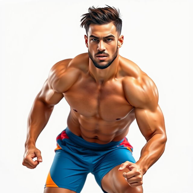 A male athlete showcasing a powerful pose, wearing a dynamic sports outfit, muscles defined and exuding energy and confidence