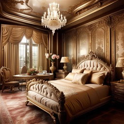 A lavish and extravagant bedroom with dimensions of 12 feet by 9 feet. The room boasts opulent furnishings, intricate designs, and shimmering accents, embodying a sense of luxury.