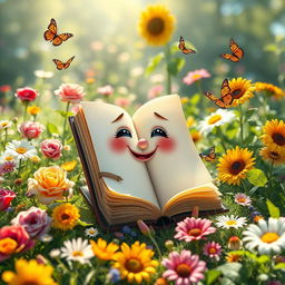 A whimsical scene of a beautiful, anthropomorphic book with a cheerful face, sitting in a vibrant, picturesque garden