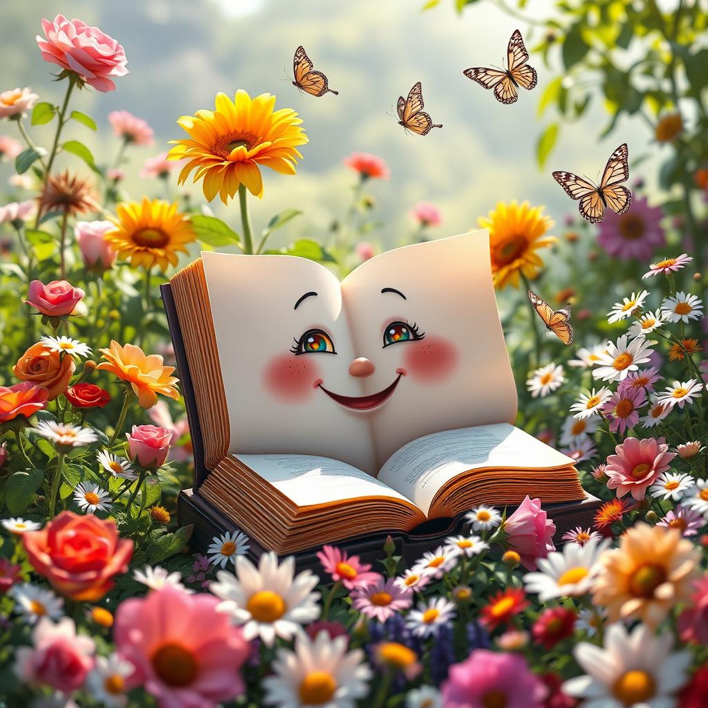 A whimsical scene of a beautiful, anthropomorphic book with a cheerful face, sitting in a vibrant, picturesque garden