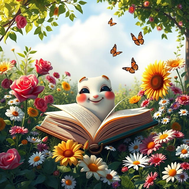 A whimsical scene of a beautiful, anthropomorphic book with a cheerful face, sitting in a vibrant, picturesque garden