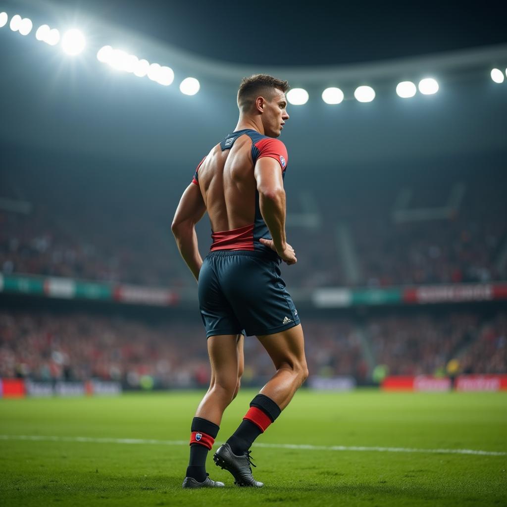 A young male rugby player showcasing a toned physique, prominently featuring a well-defined posterior