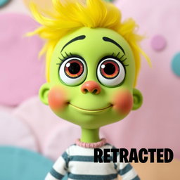 A whimsical doll with oversized, expressive eyes and a vibrant green face, exuding a playful and animated style