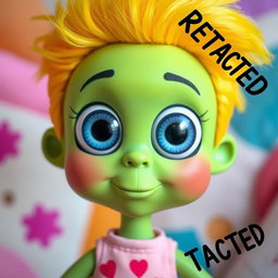 A whimsical doll with oversized, expressive eyes and a vibrant green face, exuding a playful and animated style