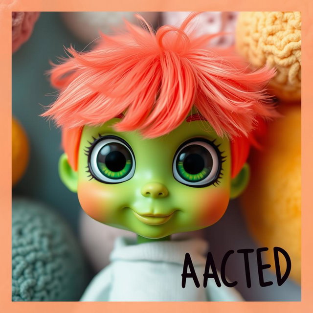 A whimsical doll with oversized, expressive eyes and a vibrant green face, exuding a playful and animated style