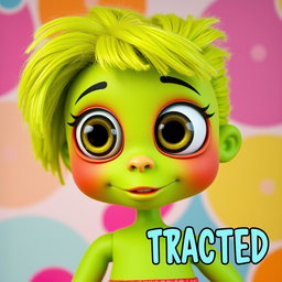 A whimsical doll with oversized, expressive eyes and a vibrant green face, exuding a playful and animated style