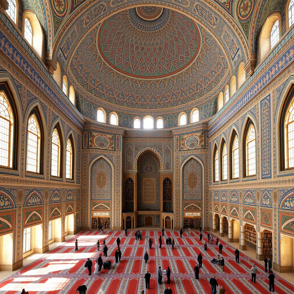 An interior design of a religious space in the style of Safavid architecture featuring 24 sides, each having a window that is 2 meters wide and 6