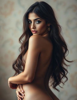 A sensual and alluring portrait of a stunning brunette woman of Arab descent, showcasing her confidence and natural beauty