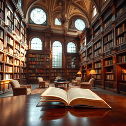 An enchanting scene of a beautifully designed library, featuring towering wooden shelves filled with a myriad of colorful books