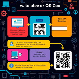A brightly colored educational infographic that visually explains the steps to create a QR code